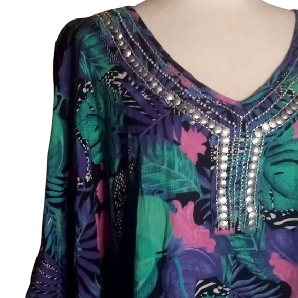 Swimsuits For All Jewelled Neckline Botanical Print Cotton Caftan Cover Up 26/28 - Picture 4 of 9